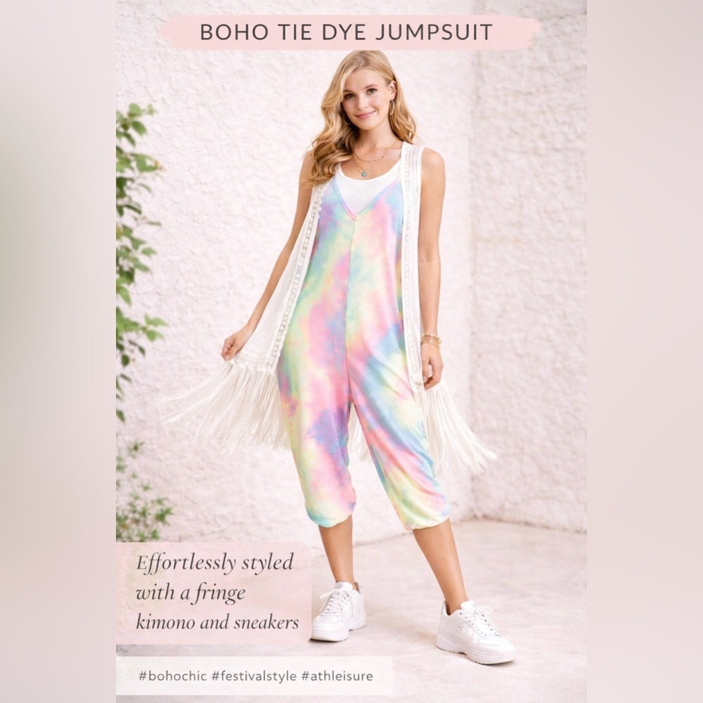 BiBi Tie Dye French Terry Jumpsuit Boho Lounge Festival Pockets Sizes S PTP 19.5 - Picture 11 of 11